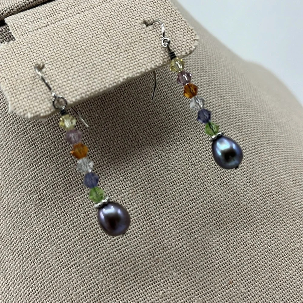 Swarovski Crystal & Blue Pearl 925 Sterling Drop Earrings - Picture 7 of 17